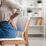 Kobieta siedząca przy biurku i chwytająca się za bolące plecy.